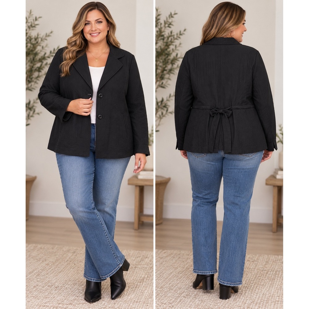 Coldwater Creek Black Textured Cotton Silk Quilted Blazer Jacket Women's 16